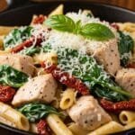 Creamy Tuscan chicken pasta with sun-dried tomatoes, spinach, and parmesan sauce in a skillet