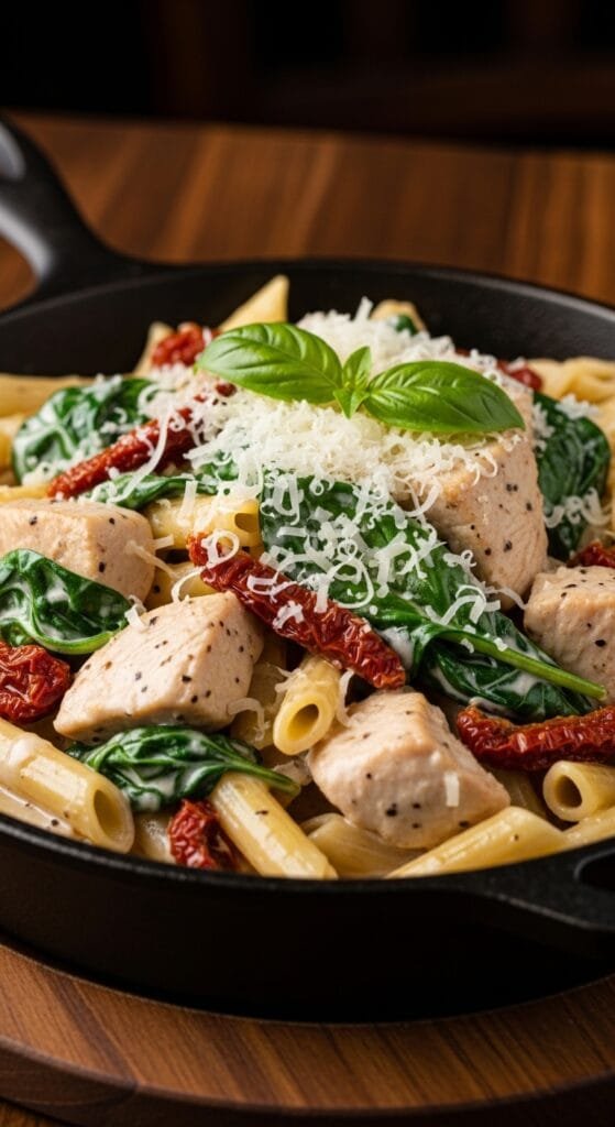 Creamy Tuscan chicken pasta with sun-dried tomatoes, spinach, and parmesan sauce in a skillet