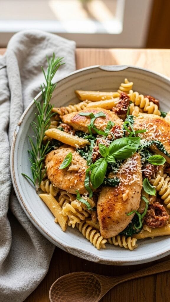 Creamy Tuscan chicken pasta with spinach, parmesan, and rigatoni in a skillet