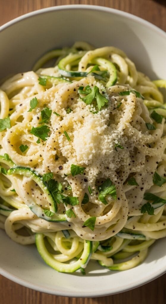 Creamy zucchini noodles Alfredo served with Parmesan cheese and fresh parsley