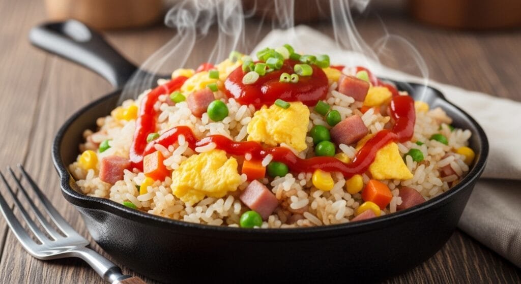 American fried rice made with eggs, ham, vegetables, and ketchup soy sauce, served hot in a skillet