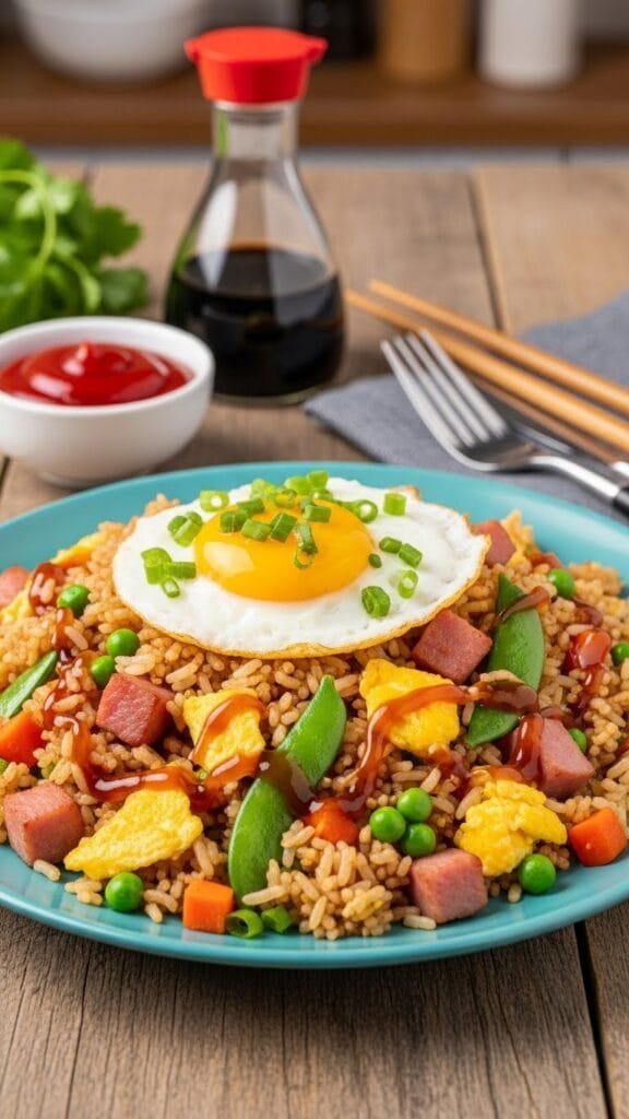 close up of fried rice with crispy grains eggs and vegetables