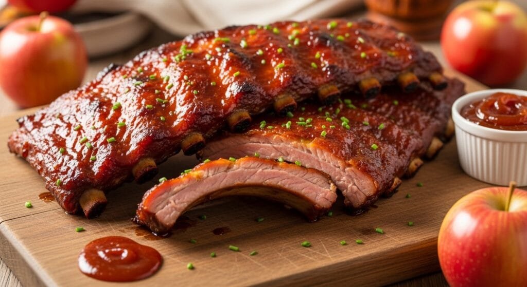 Tender apple butter BBQ ribs baked with glossy caramelized glaze