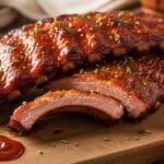 Tender apple butter BBQ ribs baked with glossy caramelized glaze