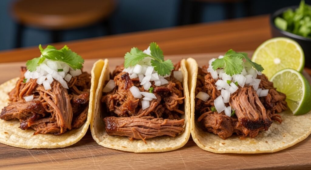 barbacoa beef served in tacos with cilantro and onion