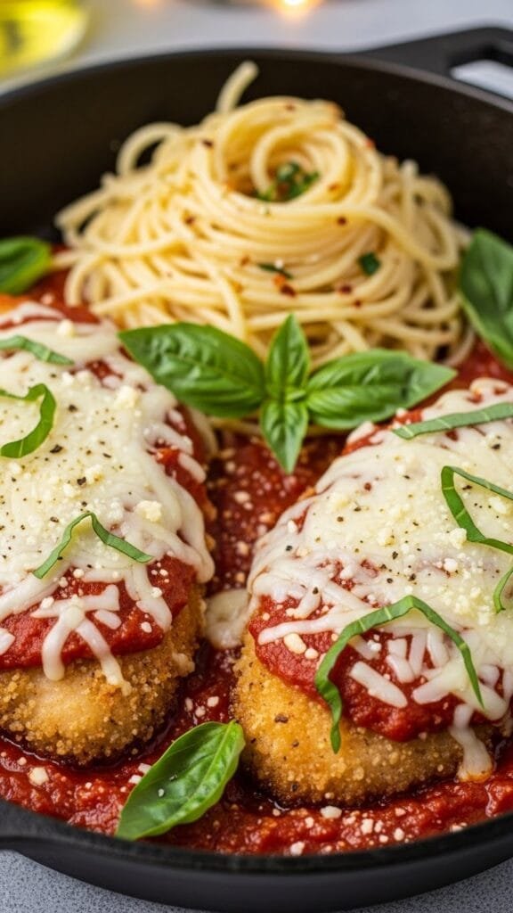 crispy italian chicken parmesan with marinara sauce and melted mozzarella served on a plate