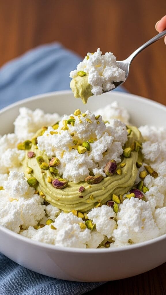 close up of pistachio dream whip salad showing light creamy texture