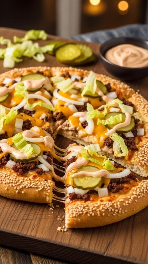 Slice of Big Mac pizza showing crispy crust, juicy ground beef, melted cheese, lettuce, and pickles