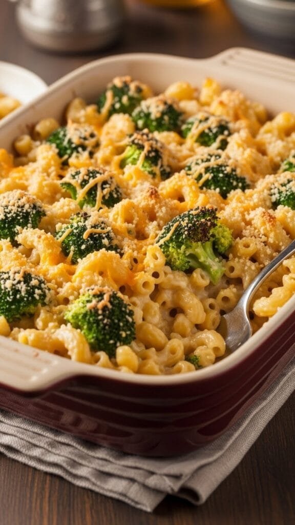 Broccoli mac and cheese in a serving dish with melted cheese sauce and green broccoli florets