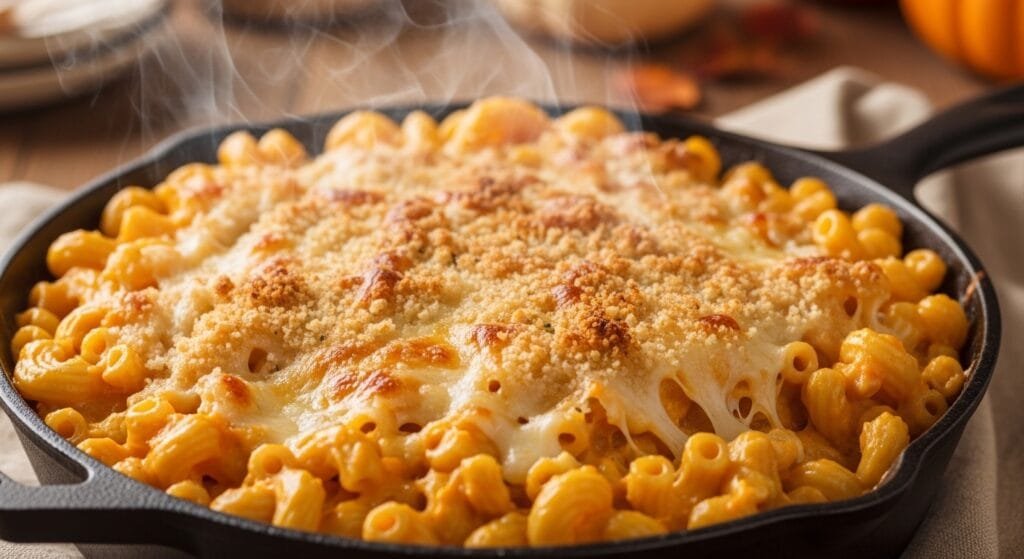 Creamy butternut squash mac and cheese baked with golden top and tender pasta