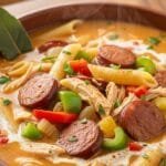 Spicy creamy Cajun chicken and sausage soup with vegetables and Parmesan.”