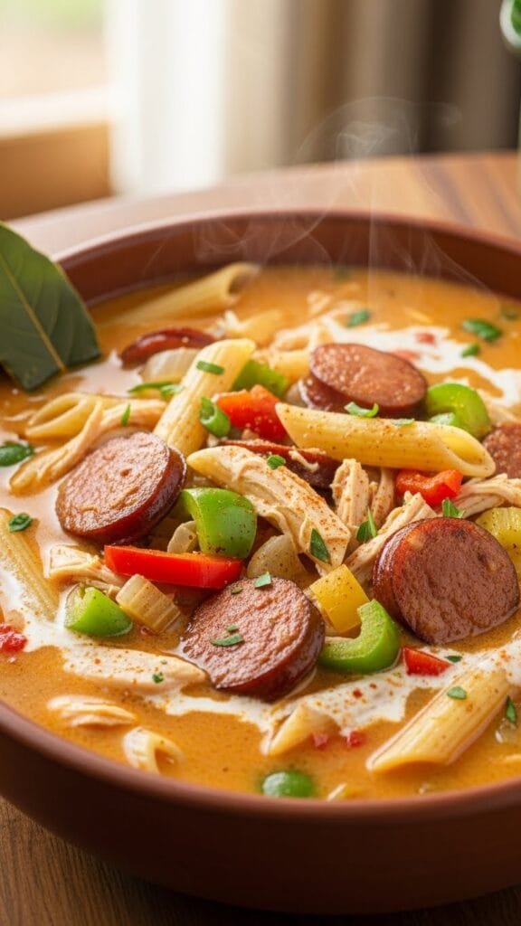 Spicy creamy Cajun chicken and sausage soup with vegetables and Parmesan.”