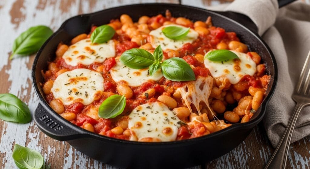 cheesy tomato white bean bake in skillet with melted mozzarella and basil