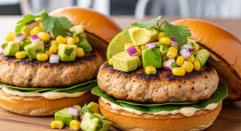 Chicken burgers topped with fresh avocado corn salsa served on toasted buns