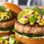 Chicken Burgers with Avocado Corn Salsa Chicken burgers topped with fresh avocado corn salsa served on toasted buns