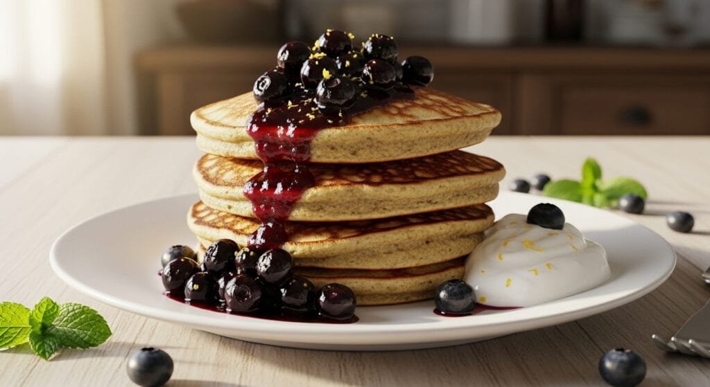 chickpea flour pancakes topped with blueberry compote