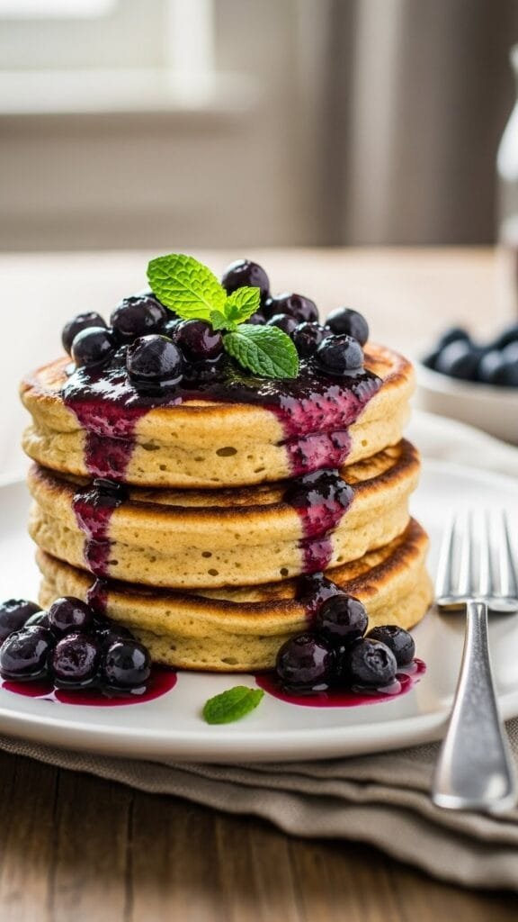 Chickpea flour pancakes topped with blueberry compote on a plate
