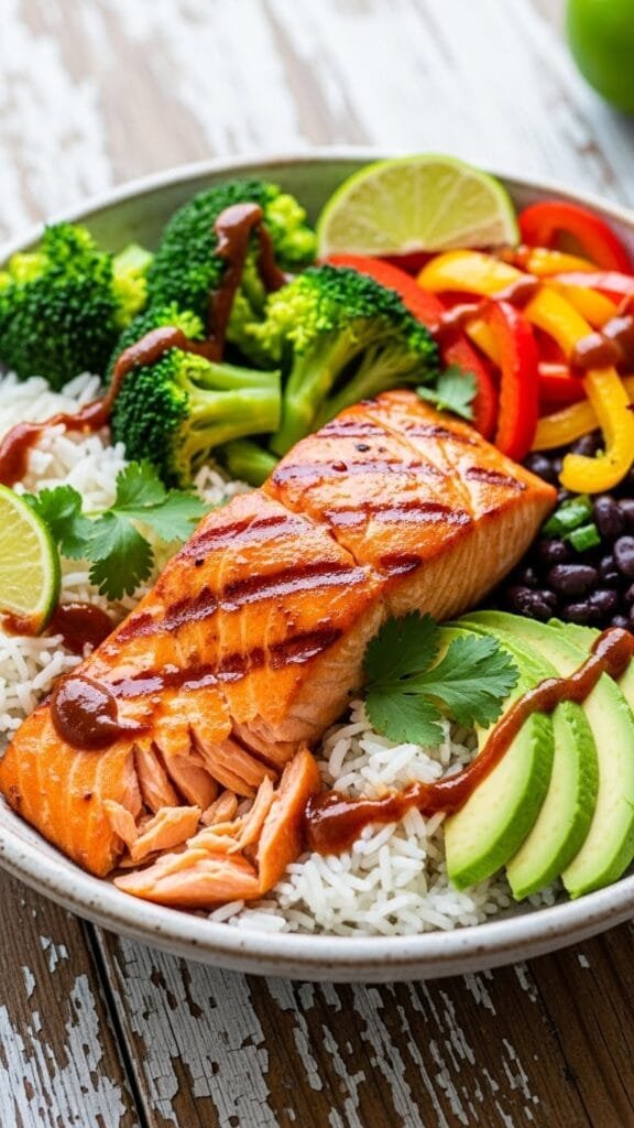Roasted chipotle honey salmon served over rice with avocado feta salad