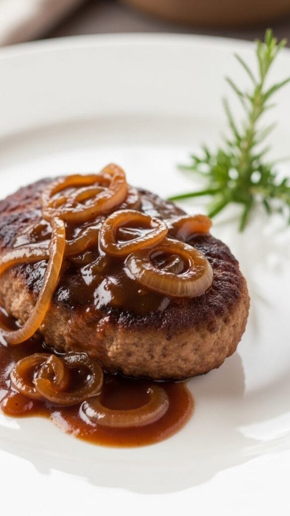 Hamburger steak topped with rich onion gravy on a dinner plate