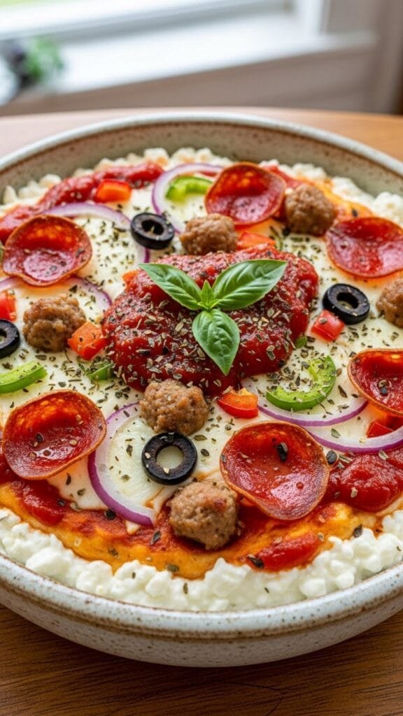 Cottage cheese pizza bowl before microwaving with marinara sauce, vegetables, and shredded mozzarella