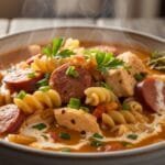 Creamy Cajun chicken and sausage pasta soup in a bowl with herbs