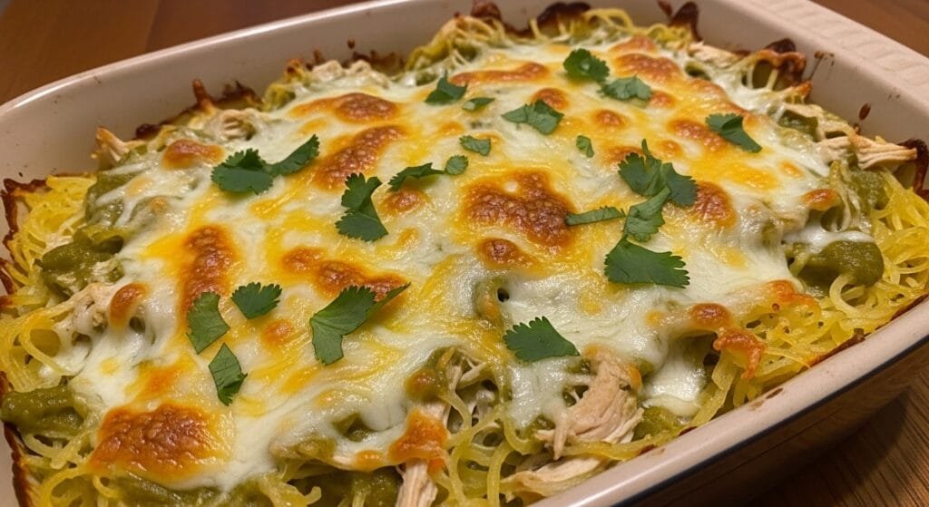 Creamy green enchilada chicken spaghetti squash bake with melted cheese and cilantro