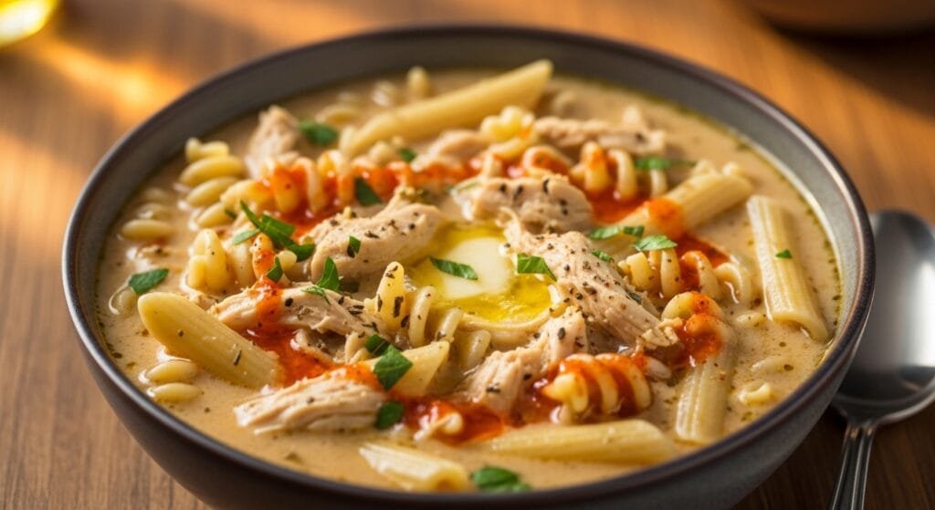 Creamy Parmesan Cajun chicken pasta soup with tender chicken, pasta, and herbs in a bowl