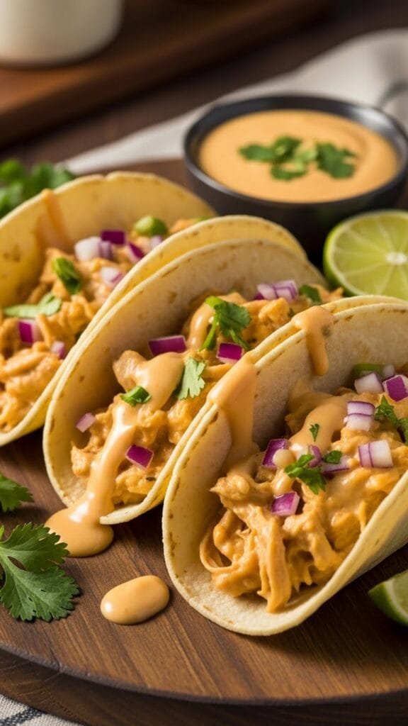 Creamy shredded queso chicken taco filling close up