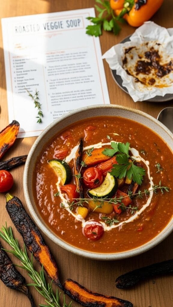 close up of creamy roasted vegetable soup in a bowl