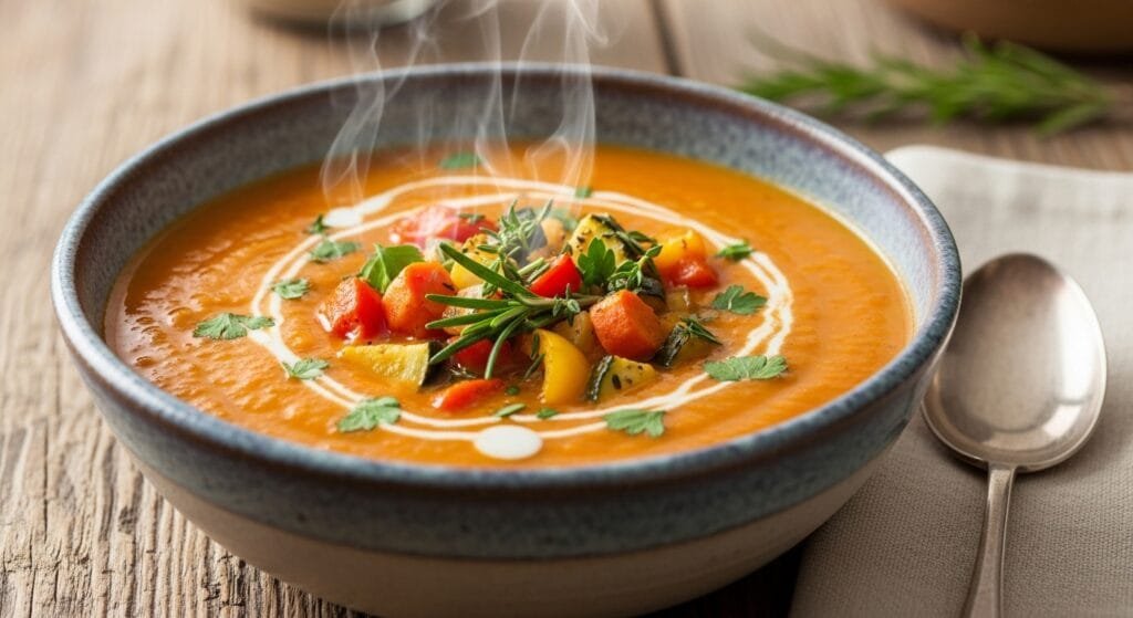 creamy roasted veggie soup made with roasted vegetables and herbs in a bowl