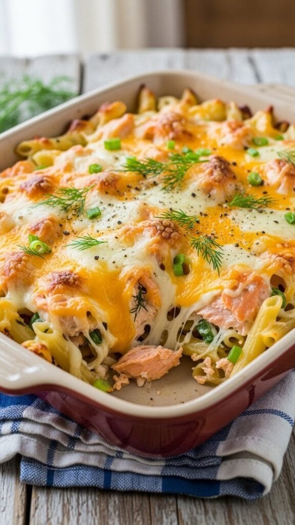 Creamy salmon casserole with melted cheddar cheese and vegetables fresh from the oven