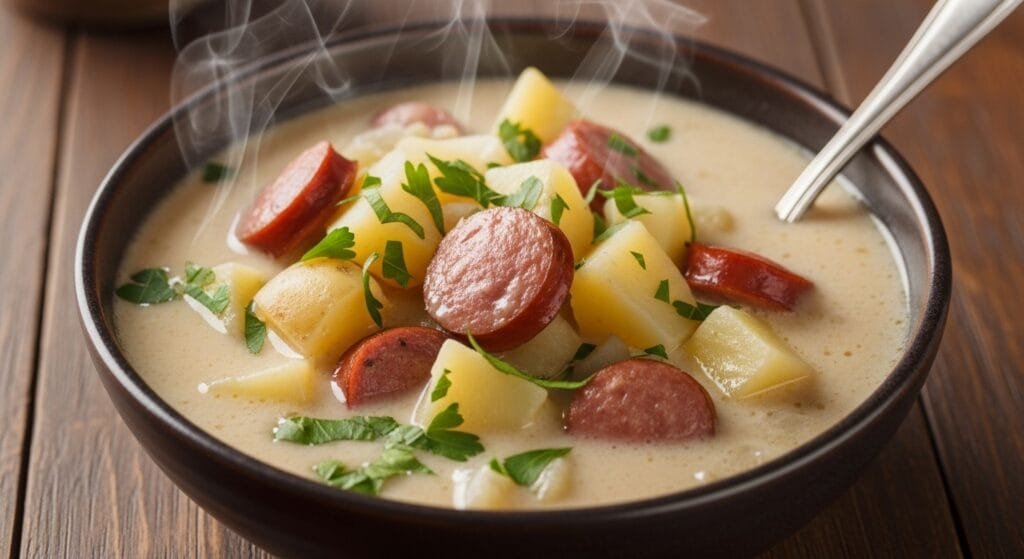 Creamy sausage and potato soup in a bowl with tender potatoes and savory sausage