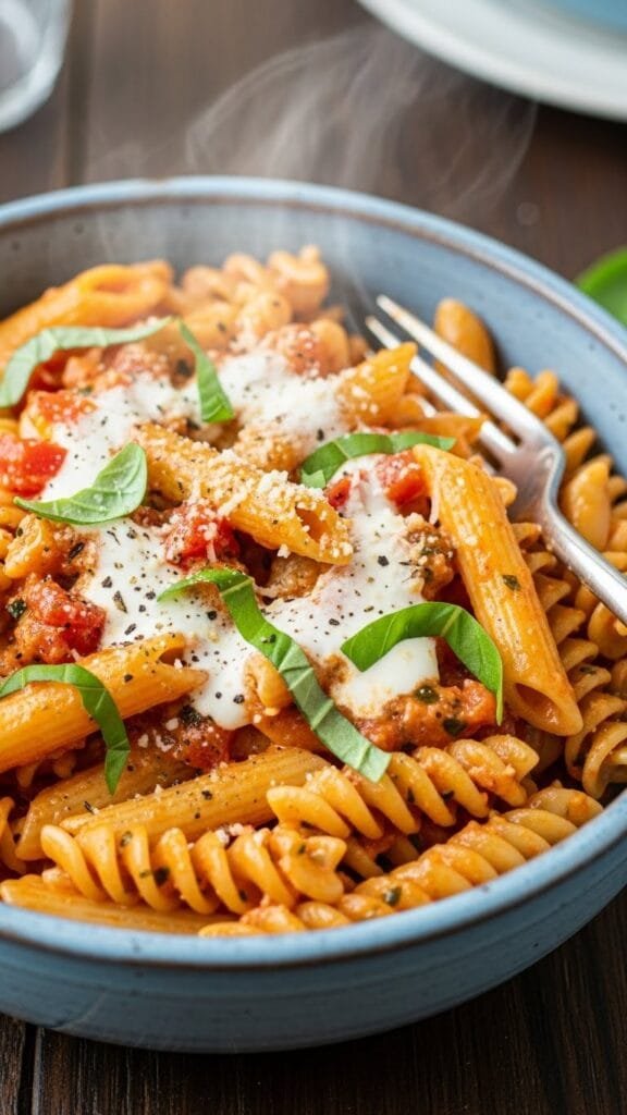 Creamy tomato pasta with rich sauce and penne pasta on a white plate