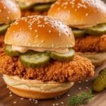 crispy fried chicken sliders with pickles and sauce on soft buns