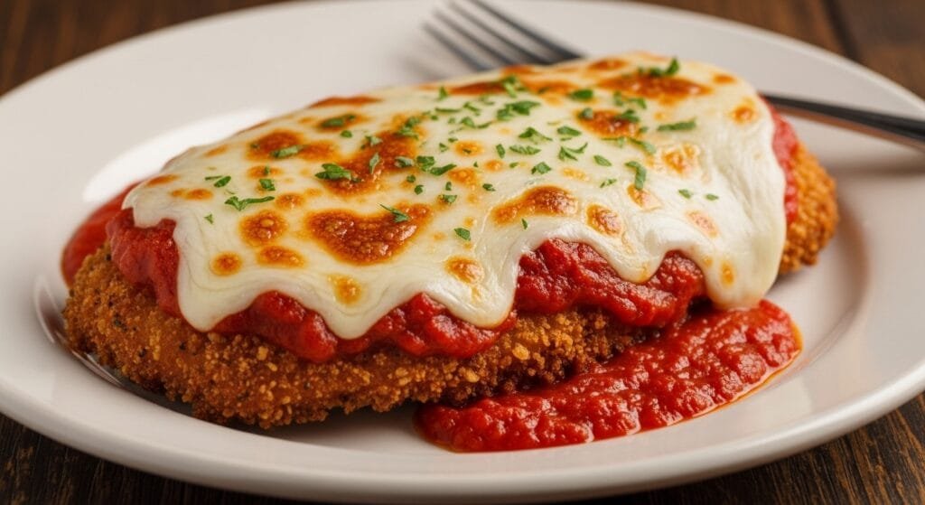 Crispy Italian chicken Parmesan with marinara sauce and melted mozzarella served on a plate