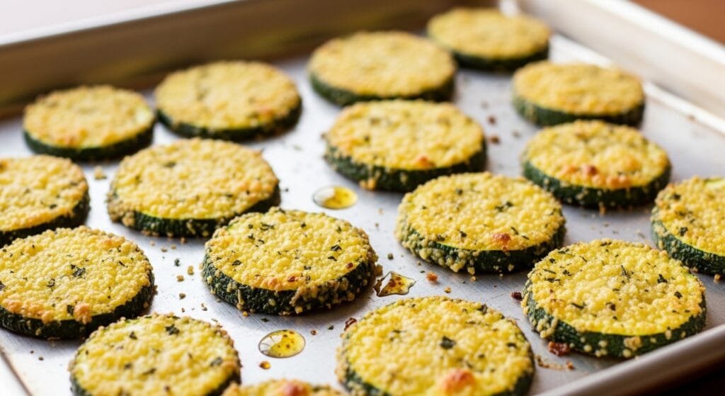 Crispy Parmesan zucchini rounds baked until golden and crunchy on a baking sheet