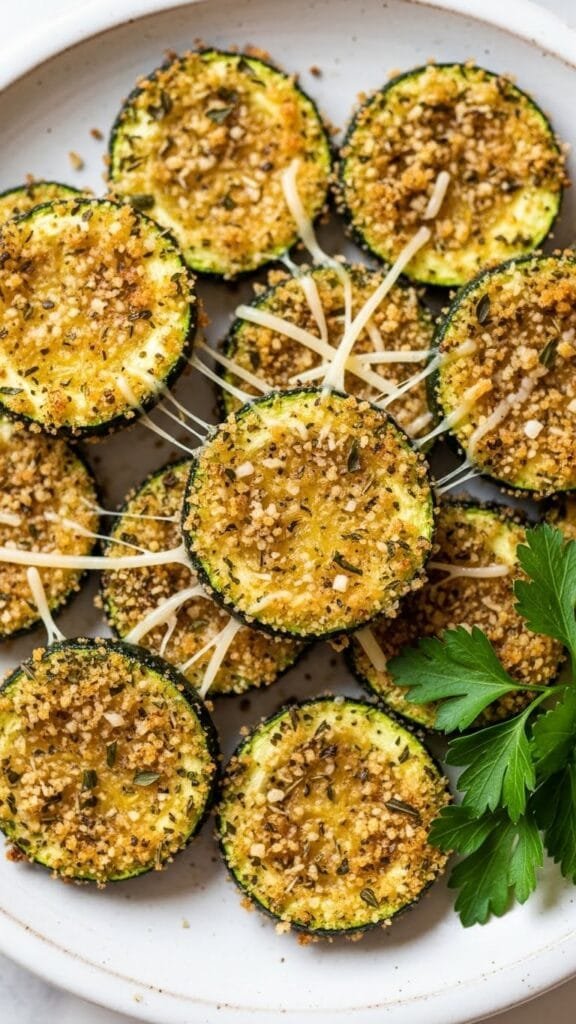 Close-up of baked Parmesan zucchini rounds showing golden crust and tender center