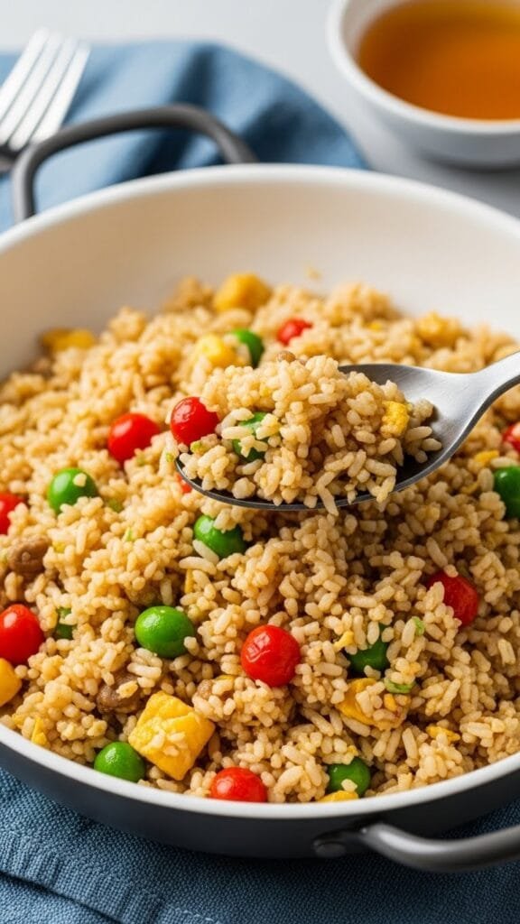 american fried rice with eggs ham and vegetables served in a skillet