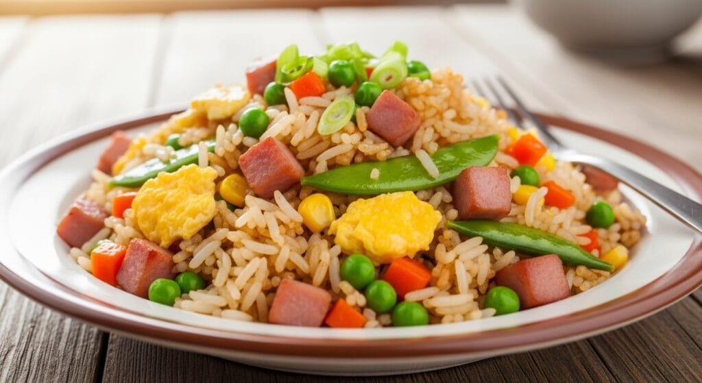 Easy American fried rice with cooked rice, eggs, ham, and mixed vegetables, ready to serve