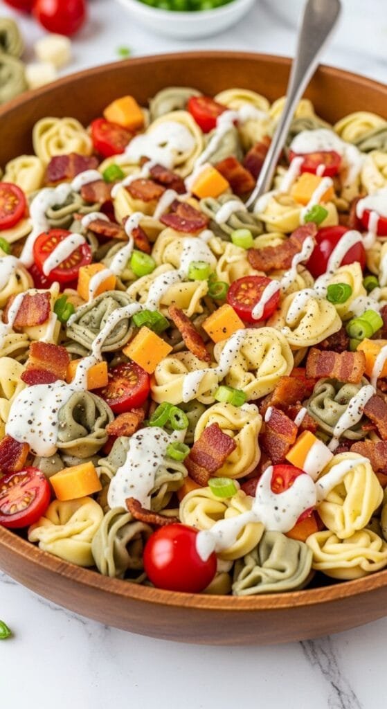 Easy bacon ranch tortellini salad with cheese tortellini, crispy bacon, tomatoes, and creamy ranch dressing