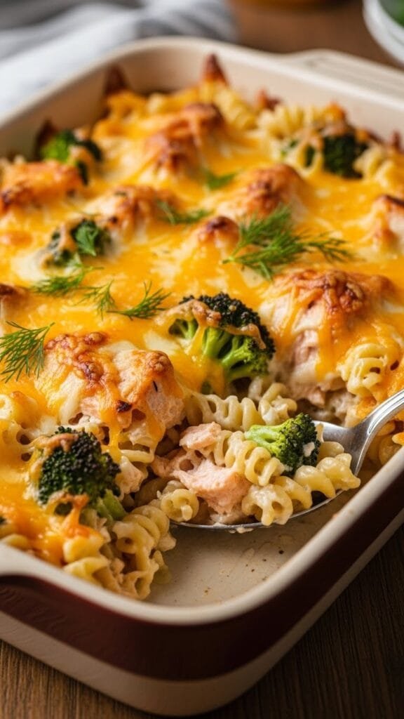 Easy cheesy salmon casserole baked with cheddar cheese, peas, and bell peppers in a casserole dish