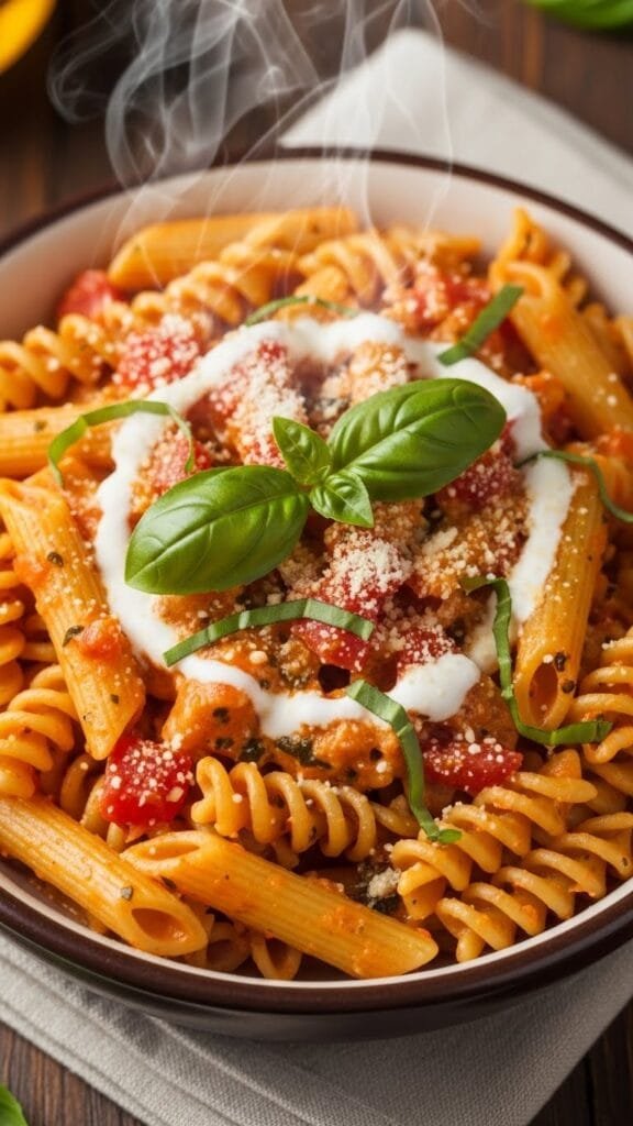 Easy homemade creamy tomato pasta served in a bowl with fresh basil and parmesan