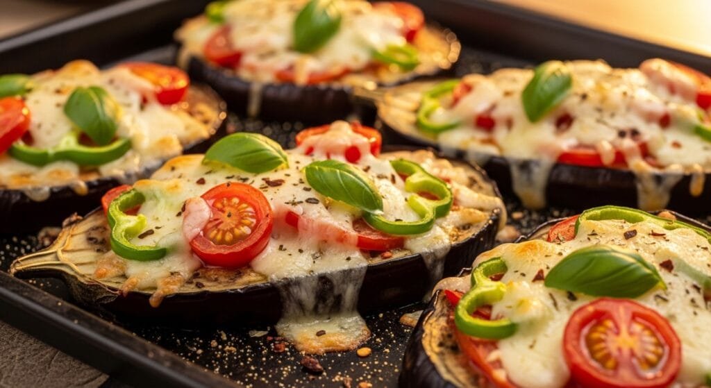 Roasted eggplant pizza slices topped with melted cheese and vegetables on baking tray
