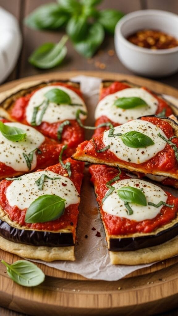 Baked eggplant pizza slices topped with melted cheese and vegetables on a baking tray