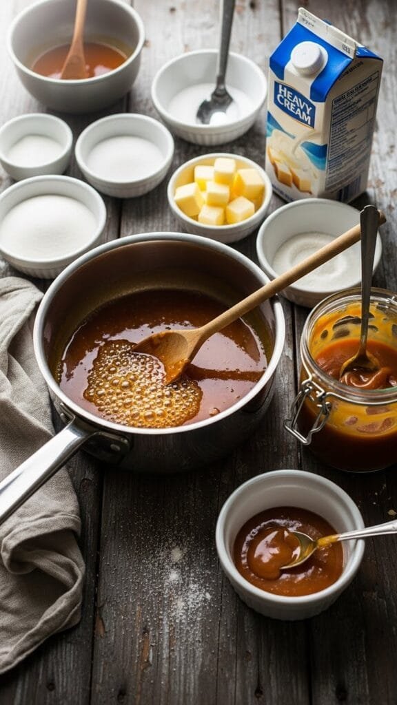 easy homemade caramel sauce in a jar with smooth golden texture