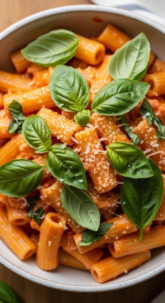 Easy homemade creamy tomato pasta with smooth tomato sauce, fresh basil, and grated parmesan