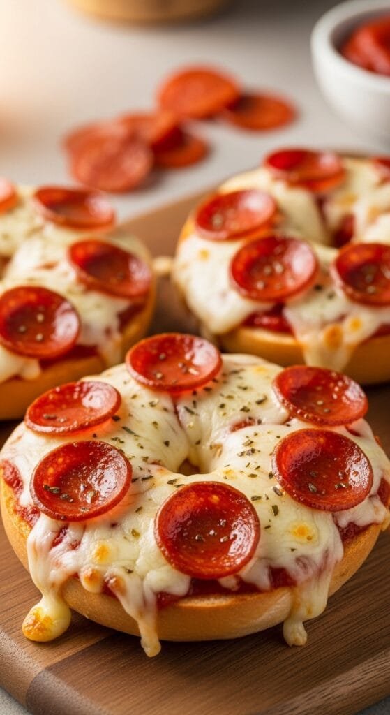 Easy homemade pizza bagels with melted mozzarella and pepperoni baked until golden