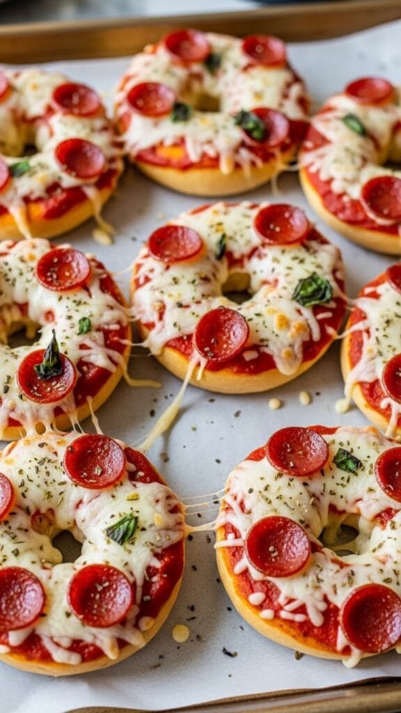 Easy homemade pizza bagels with melted mozzarella and pepperoni baked until golden