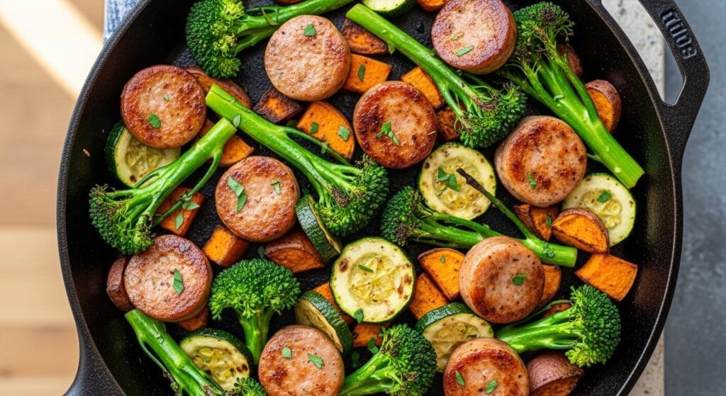 Easy roasted chicken sausage skillet with sweet potatoes, broccoli, and zucchini cooked in one pan