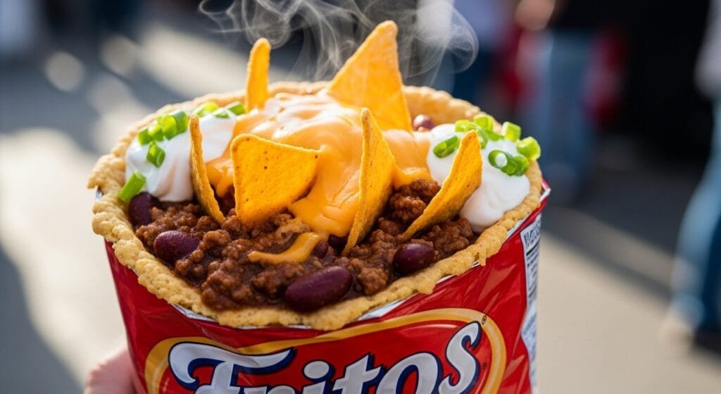 walking frito pie with chili cheese and crunchy corn chips